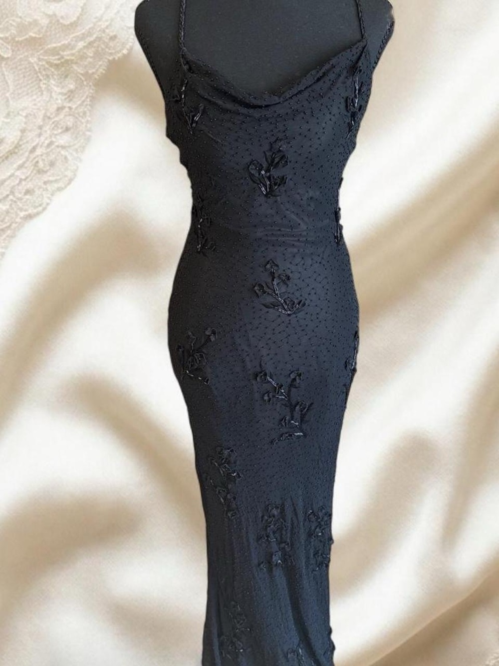 Beaded Cowl Neck Sue Wong Silk Dress in Black